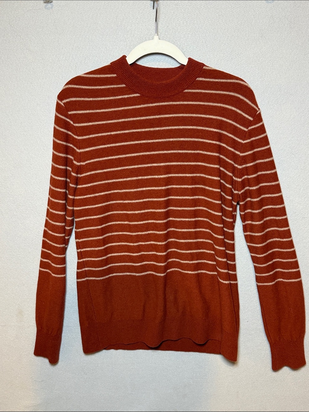 Oliver Spencer Rust and Cream Striped Crewneck Sweater 100% merino wool
